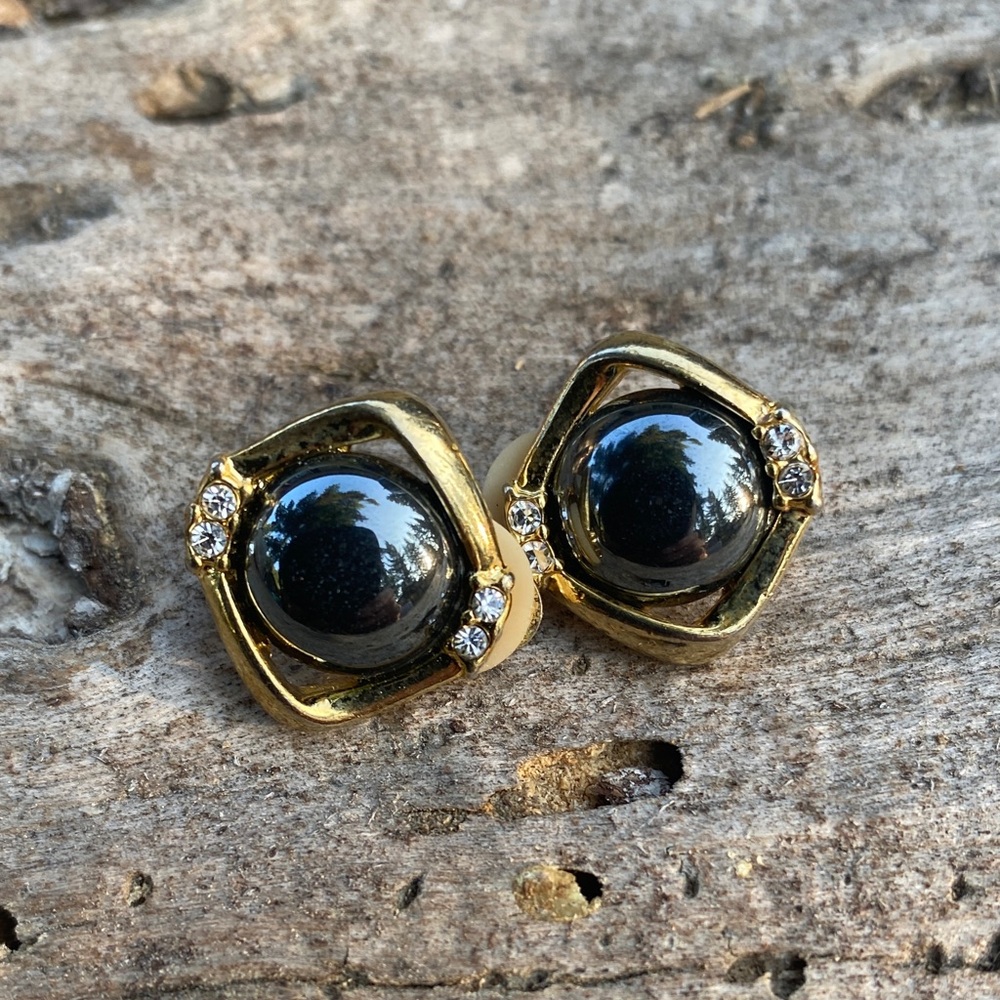 Gold-Tone Hematite Center clip on Earrings with Crystal Accents